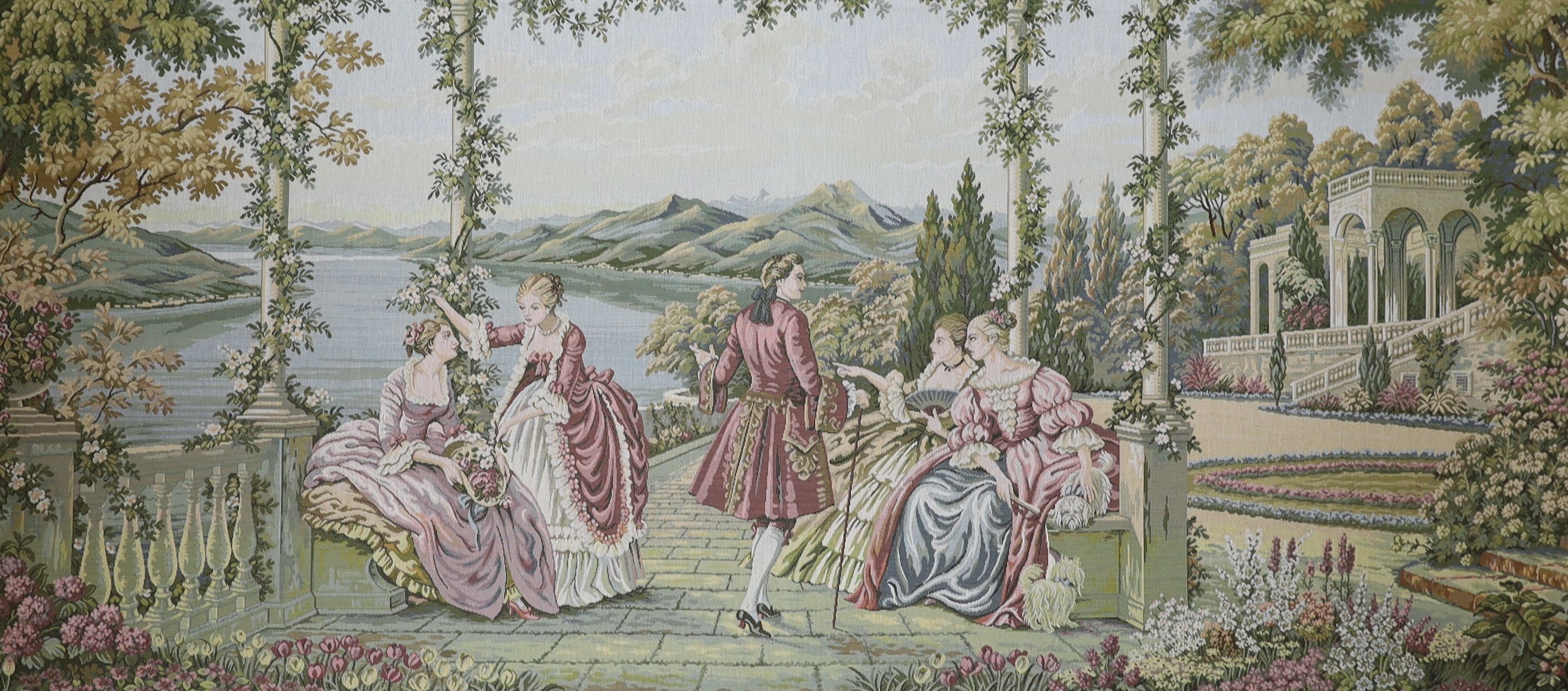 A large tapestry, French garden scene, 97 x 218cm